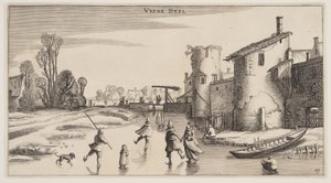 Talvimaisema, jossa luistelijoita pitkin kaupungin seinää, alkaen Landscapes (Playsante Lantschappen) tekijältä Claes Jansz. Visscher II