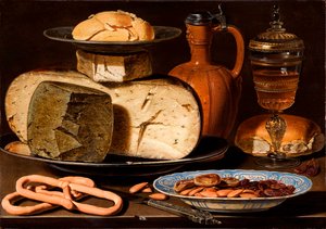Dutch: Still Life with Cheese, Mandonds and Pretzels Still Life with Cheese, Mandonds and Pretzels (Still Life juustojen, manteleiden ja rinkeleiden kanssa)