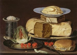 Asetelma juustojen, artisokan ja kirsikoiden kanssa, noin 1625