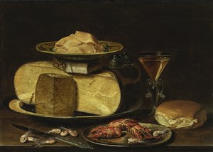 Asetelma juustoilla, Glas à la façon de Venise ja rapuja tinalautasella