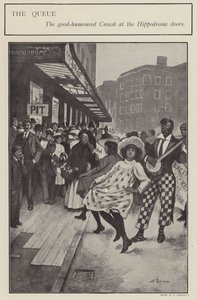 Hyväntekevä jono Lontoon Hippodromin (litho) ovien ulkopuolella tekijältä Clarence F. Underwood
