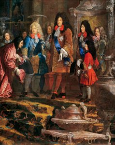 Ludvig XIV vastaanotti esityksen, Genovan doge toukokuussa 1685, yksityiskohta Claude-Guy Hallen (1652-1736), Ranskan maalauksesta
