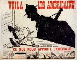 Tässä amerikkalaiset ja mitä Amerikka tuo meille - juliste Yhdysvaltain sotaponnisteluista, sairas. Kirjailija: Charles Saunier (s. 1865) tekijältä Claude Charles (attr. to) Saunier