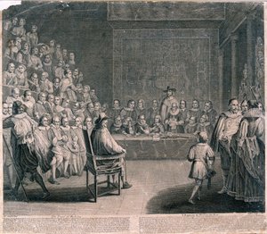 Kuningas Kaarle I:n oikeudenkäynti, Westminsterin palatsi, n. 1725 tekijältä Claude Dubosc