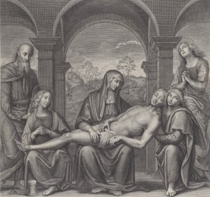 Kristus haudassa, lepää Neitsyen sylissä, Peruginon jälkeen, n. 1685-1727. tekijältä Claude Duflos