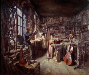 Restauraattori työpajassaan täynnä instrumentteja. Claude Firminin (1864-1944) maalaus 1896 Avignon musee Calvet Huomio! Tämän teoksen käyttö saattaa edellyttää kolmannen osapuolen lupapyyntöä tai lisämaksuja tekijältä Claude Firmin