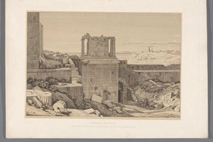 Gezicht op de Akropolis van Athene Ateenan akropolis (otsikko esineessä) Näkymiä antiikin Kreikan kuuluisimmista kohteista (...) (sarjan nimi) tekijältä Claude Félix Théodore Caruelle d