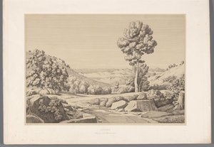 Landschap met weg Attika (otsikko esineessä) Näkymiä antiikin Kreikan kuuluisimmista kohteista (...) (sarjan nimi) tekijältä Claude Félix Théodore Caruelle d
