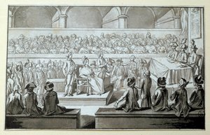 Ranskan kuningatar Marie Antoinette vallankumouksellisen tuomioistuimen edessä: päivät 14,15,16/10/1793 Asianajaja, joka puolusti hänen tapauksessaan on Claude Francois Chauveau-Lagarde (1756-1841). Piirustus mustalla musteella Dim. 0,097x0,15 m. Pariisi,  tekijältä Claude Francois Chauveau Lagarde