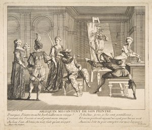 Harlequin tyytymätön maalariinsa.n.d. Tekijät: Claude Gillot, Jacques Gabriel Huquier.