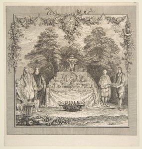 Puutarhassa valmistettu välipala.n.d. Tekijät: Claude Gillot, Jacques Gabriel Huquier.