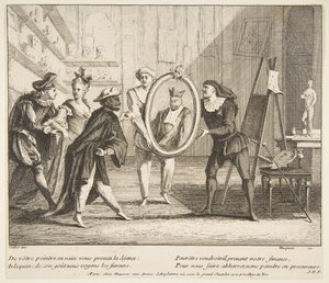 Pierrot ja Scaramouche näyttävät muotokuvan Harlequin.n.d:stä. Tekijät: Claude Gillot, Jacques Gabriel Huquier.
