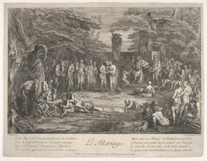 Avioliitto Le Mariage: metsässä vanha satyr meni naimisiin kihlatun kanssa vuonna 10., n. 1700-1720. tekijältä Claude Gillot