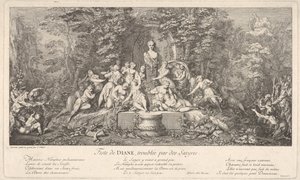 Dianan festivaali, satyyrien keskeyttämä Feste de Diana, perturbée par des Satyres..., ca. 1786. tekijältä Claude Gillot