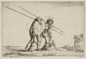 Kilpi 13: Kaksi haukihaukea kävelee oikealle, kumpikin hauki oikeassa kädessään..., 1642. tekijältä Claude Goyrand