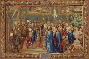 Ludvig XIV:n Fuentesin kreiville myöntämä yleisö Louvressa 24. maaliskuuta 1662, noin 1730. tekijältä Claude I, Ballin