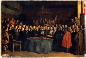 Westfalenin rauha, vannominen espanjalaisten ja Needlanderien välisen rauhan ratifioinnin jälkeen, Munsterin kaupungintalolla 15.5.1648 He päättivät kolmikymmenvuotisen sodan. Claudius Jacquandin maalaus
