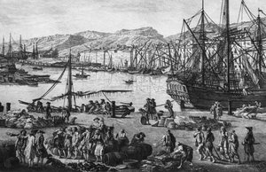 Toulonin vanha satama, katsottuna huoltomestarin myymälöistä, sarja "Les Ports de France", kaiverrus Charles Nicolas Cochin nuorempi (1715-90) ja Jacques Philippe Le Bas (1707-83) 1762 (vasemman puolen yksityiskohta) ( katso myös 382970, 382972) (etsaus)