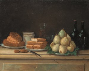 Päärynät ja leipä lautasilla, viinipullot ja lasit kivireunalla (öljy kankaalle) tekijältä Claude Joseph Fraichot