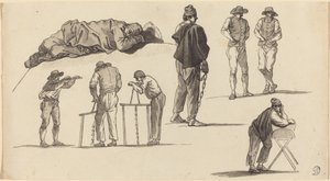 Figuuritutkimukset, mukaan lukien yksi maassa nukkuva mies ja kaksi miestä sahaamassa tekijältä Claude Joseph Vernet