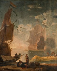 Satamakohtaus sodanmiehen ja hahmojen kanssa laiturilla, 1825. tekijältä Claude Joseph Vernet