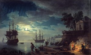 Moonlight-kalastus Yönäkymä satamaan, jossa miehet tekevät nuotiota. Joseph Vernet