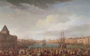 Aamunäkymä Marseillen sisäsatamasta ja Horloge du Parcin paviljongista, 1754