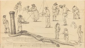 Laiturilla olevat hahmot ja pollariin kiinnitetty köyden pituus tekijältä Claude Joseph Vernet