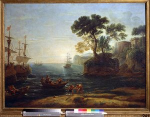 Aeneas saapuu Italiaan. Rooman valtakunnan luominen. (Aeneasin saapuminen Italiaan. Rooman valtakunnan aamu). Claude Gelleen maalaus kertoi Claude Le Lorrainista (1600-1682). Öljy kankaalle. Barokkin taidetta. Pushkinin taidemuseo, Moskova