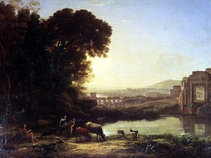 Karja ja vuohet juomassa raunion luona tekijältä Claude Lorrain