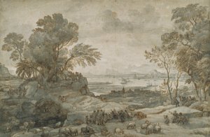 Maisema, jossa Kristus saarnaa vuorisaarnaa (kynä ja ruskea muste harmaalla pesulla paperilla) tekijältä Claude Lorrain