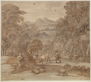 Maisema, jossa on Merkurius ja Apollo paimenena tekijältä Claude Lorrain (1600-82)