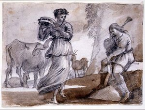 Rural Dance (musta-punainen liitu ja pesu paperille) tekijältä Claude Lorrain