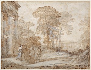 Venuksen ja Aeneaksen kohtaus, n. 1678 (kynä ja muste pesulla paperille) tekijältä Claude Lorrain
