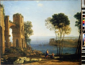 Rannikkonäköala Apollon ja Cumaean Sibylin kanssa. Claude Gelleen maalaus, joka tunnetaan nimellä Claude Le Lorrain (1600-1682)