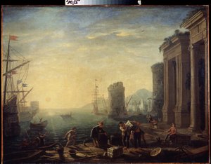 Aamu satamassa. Aamu satamassa. Claude Gelleen maalaus, joka tunnetaan nimellä Le Lorrain (1600-1682). Öljy kankaalle