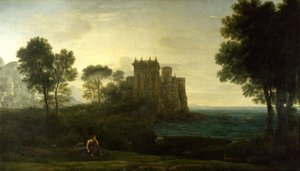 ""Maisema Psychen kanssa Cupidon palatsin tai lumotun linnan ulkopuolella) Claude Lorrainin maalaus (1600-1682) Öljy kankaalle 1664 Koko 87, 1 x 151,3 cm National Gallery, Lontoo tekijältä Claude Lorrain