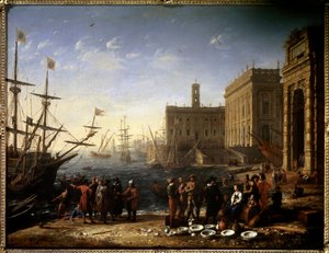 Näkymä satamasta ja Capitolista Näkymä Rooman kaupunkiin Italiassa. Claude Gelleen maalaus nimeltä Lorrain (1600-1682) 1600-luvun aurinko. 0,56x0,82 m Pariisi, Musee du Louvre. tekijältä Claude Lorrain