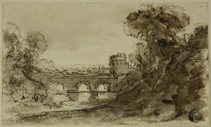 Italialainen jokimaisema sillalla ja tornilla tekijältä Claude Lorrain