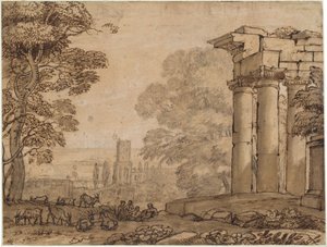 Maisema raunioita, pastoraalihahmoja ja puita tekijältä Claude Lorrain