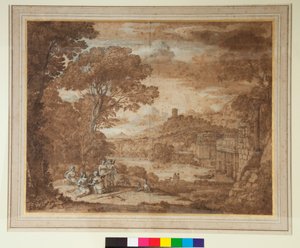 Maisema nymfi Egerian kanssa suremassa Numan yllä tekijältä Claude Lorrain