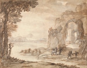 Perseus ja korallin alkuperä, noin 1671 (musta liitu, seepia ja musta muste, seepia ja harmaa pesu valkoisella). tekijältä Claude Lorrain