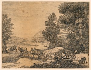 Paimen ja paimentytär keskustelevat maisemassa tekijältä Claude Lorrain