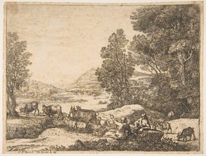 Paimen ja paimentar keskustelevat maisemassa, n. 1651. tekijältä Claude Lorrain