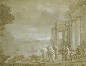 Näkymä Carthagesta Didon ja Aeneaksen kanssa, 1676 (kynä ja muste pesuaineella ja liidulla, korostettu valkoisella paperilla) tekijältä Claude Lorrain