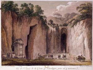 Näkymä Pausilippen (Posillipon) (tai "Grotta Vecchian") luolalle Napolin lähellä. piirros Chatelet