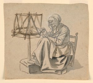 Piirros, Vanha nainen kehräämässä, 1810-30 tekijältä Claude Louis Desrais