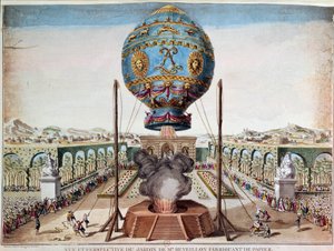 Montgolfieren veljien kokemus 19. lokakuuta 1783 Monsieur Reveillonin puutarhassa, faubourg Saint Antoinen Pariisissa. Kaiverrus: Desrais Claude Louis Desrais (1746-1816)