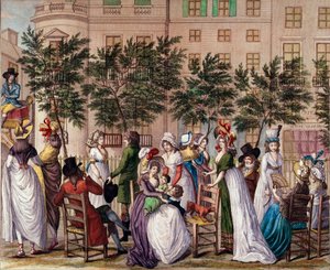 Hallintoneuvoston alainen muoti: "Le petit Coblenz", Boulevard des Italians -promenade Pariisissa. Litografia Claude Louis Desrais (1746-1816) 1798. Paris, Musee Carnavalet tekijältä Claude Louis Desrais