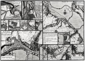 Fol.7 & 98 Kartta Charente-joen varrella sijaitsevista kaupungeista ja palatseista vuonna 1714, Recueil des Plans de Saintongesta (kynä & muste ja wc paperilla)